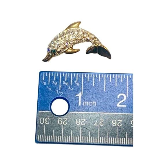 Vintage Shimmering Crystal Rhinestone Bling Dolphin Fish Gold Tone Brooch Pin - Picture 5 of 5